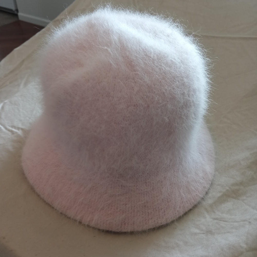Fluffy Angora Rabbit Hair Bucket Hat Baby Pink Fuzzy One Size